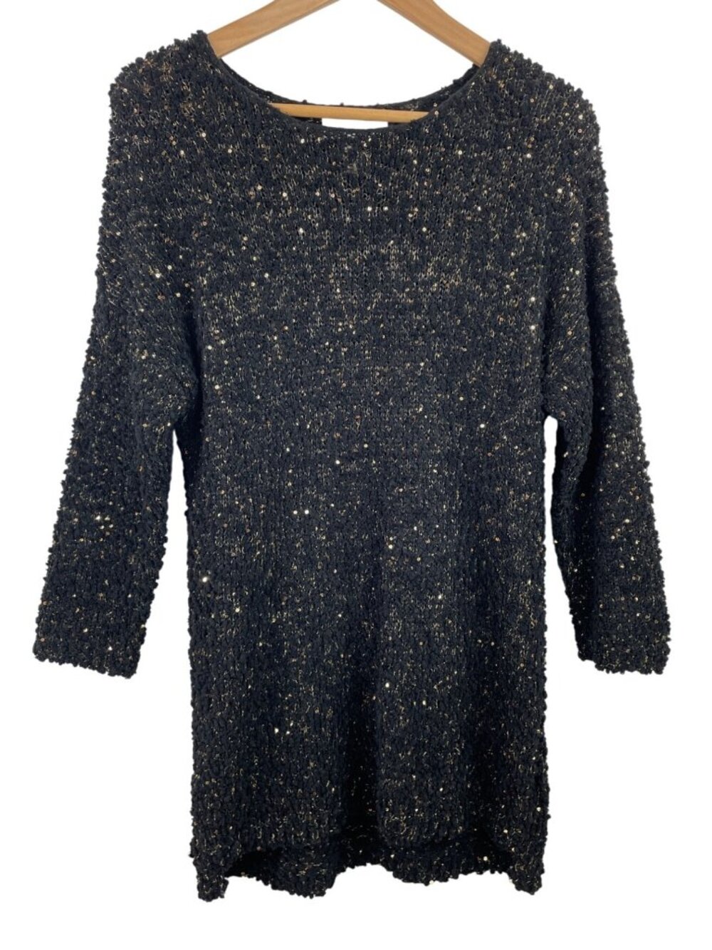 Fashion Avenue Womens Chunky Knit Sweater With Sequins Medium Black & Gold